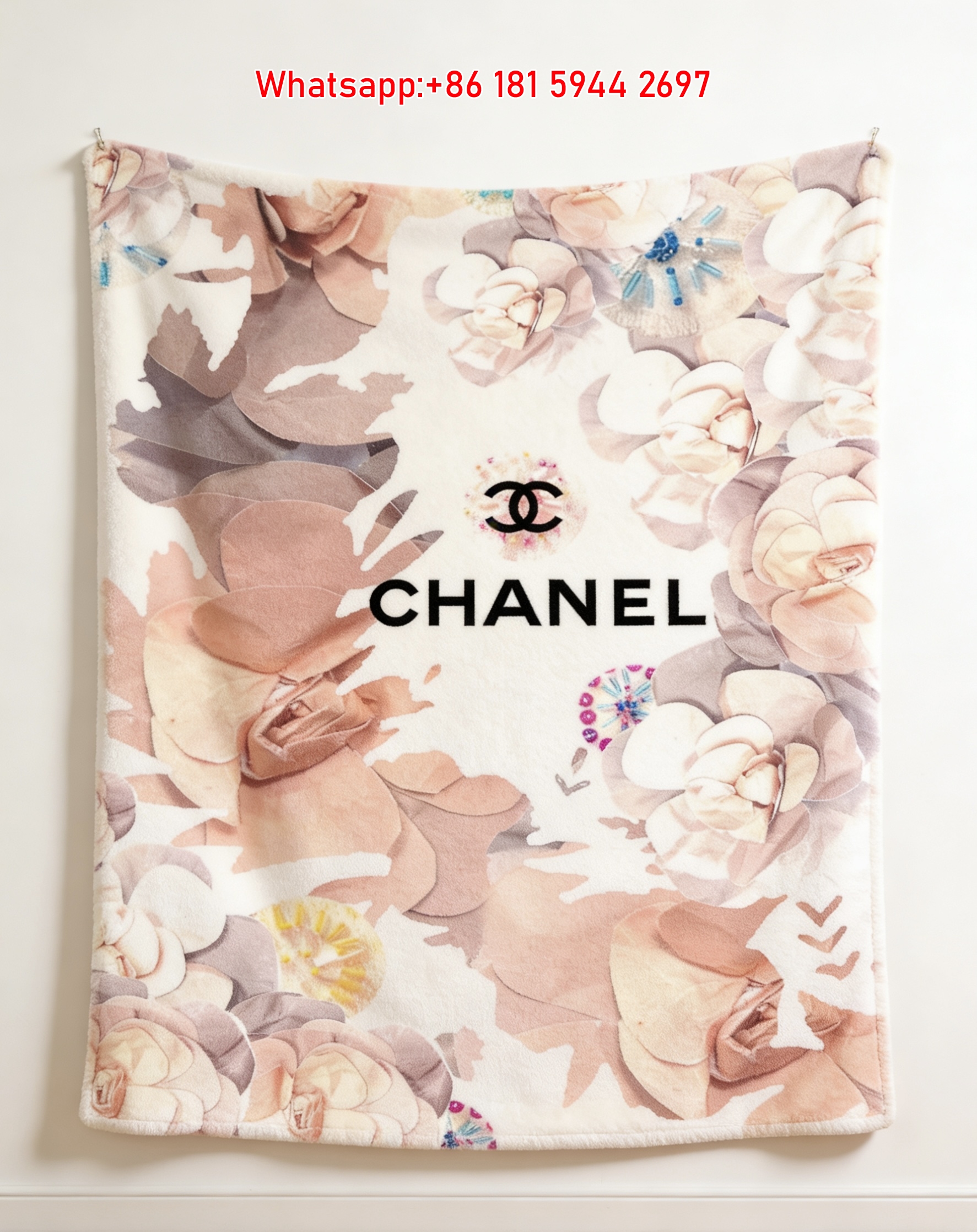 Chanel Flannel Throw Blanket Pink Floral & Bow Luxury Print IMG_7331